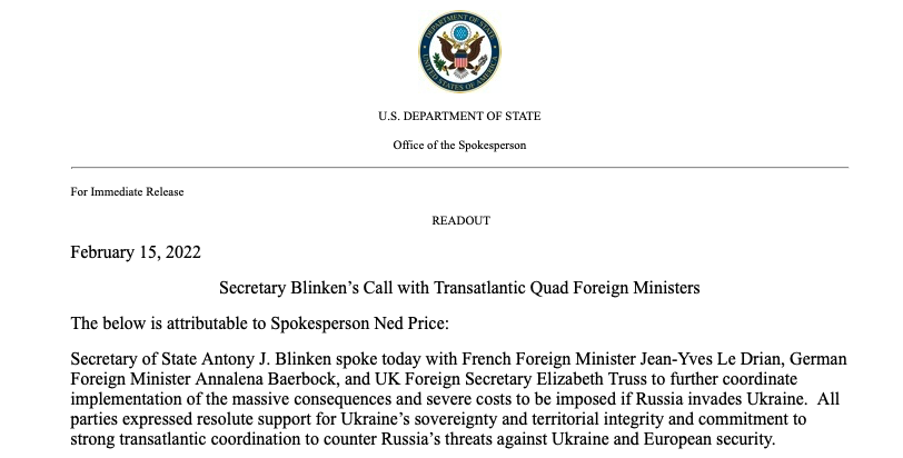 Quad foreign ministers discuss Russia/Ukraine