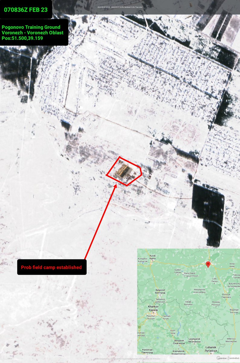 Sentinel-bilder visar att ett troligt fältläger har etablerats på Pogonovo Training Ground nära Voronezh. Optiska bilder från den 7 februari. När man tittar på SAR-bilderna började aktiviteten i slutet av januari