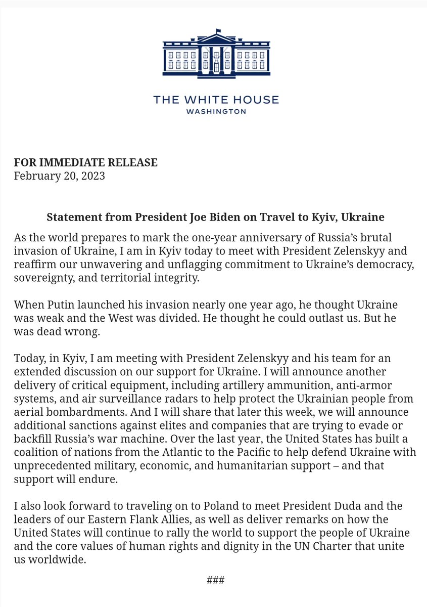 Изјава председника Џоа Бајдена о путовању у Кијев, Украјина