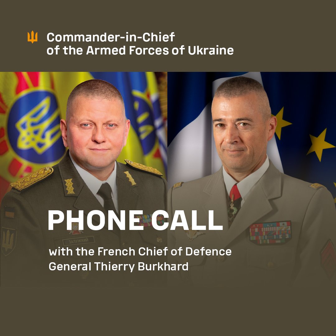 Hlavný veliteľ ukrajinskej armády Zalužnyj: Mal som telefonický rozhovor s generálom Thierrym Burkhardom @CEMA_FR, francúzskym náčelníkom obrany. Povedal som mu o situácii v prvej línii. Diskutovali sme aj o otázkach rozširovania protivzdušnej obrany a výcviku príslušníkov ukrajinskej armády