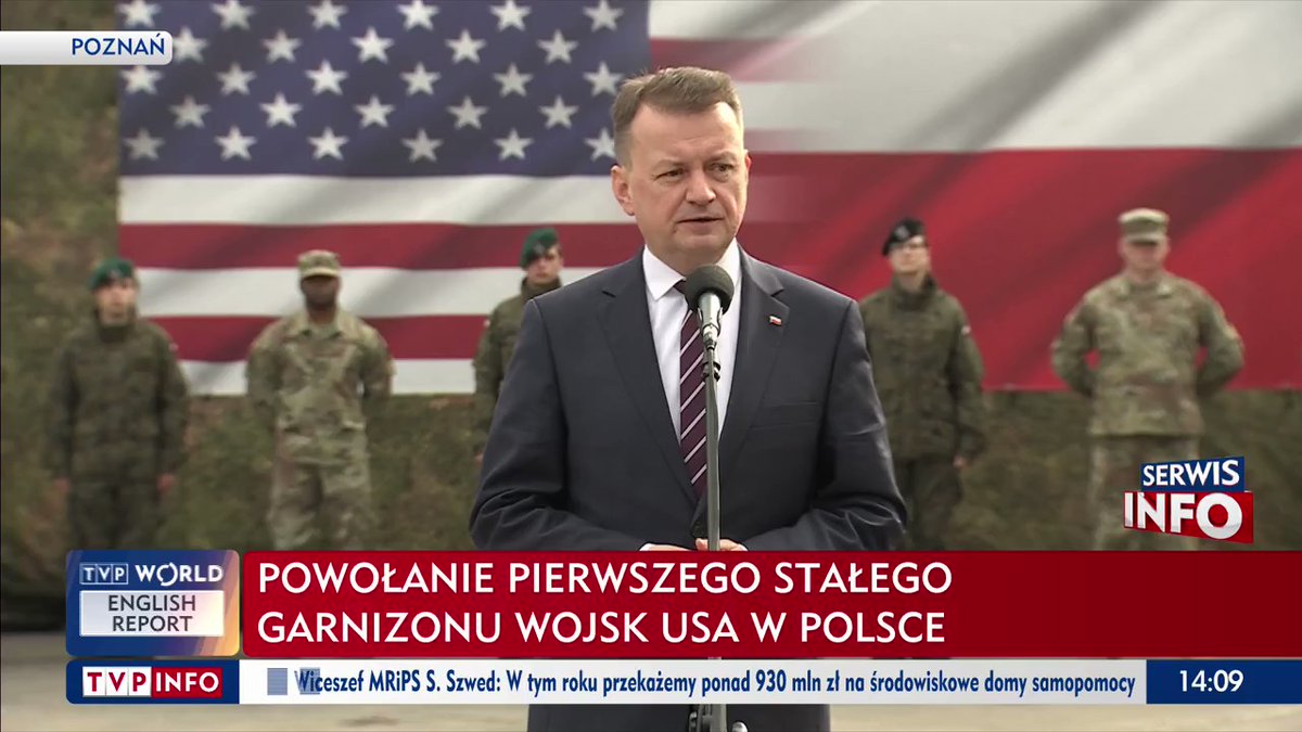 Viceprimer Ministro @mblaszczak, jefe de @MON_GOV_PL: Hoy asistimos a la inauguración de la presencia permanente de la guarnición estadounidense en suelo polaco. Este es un evento importante en la historia de Polonia y las relaciones polaco-estadounidenses. Agradecemos mucho el hecho de que las tropas estadounidenses estén permanentemente en nuestro país.