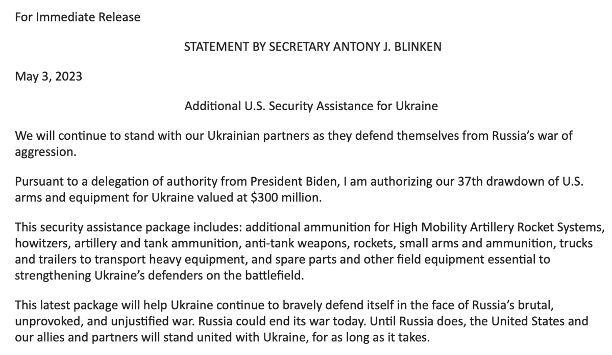 ԱՄՆ-ը պաշտոնապես հայտարարում է Ուկրաինային 300 միլիոն դոլարի անվտանգության աջակցության նոր փաթեթի մասին։ Ըստ @StateDept @SecBlinken, փաթեթը ներառում է լրացուցիչ HIMARS զինամթերք, հաուբիցներ, հրետանի և տանկային զինամթերք, հրթիռներ, փոքր զենքեր և զինամթերք և այլն: