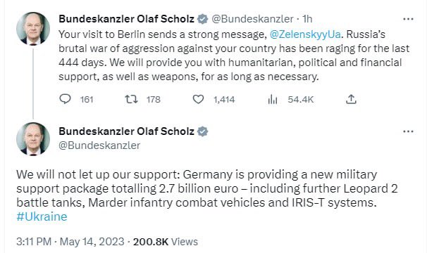 آلمان بسته جدید کمک نظامی برای حمایت از اوکراین را به مبلغ حدود 2.7 میلیارد یورو اعلام کرد. اولاف شولز، صدراعظم آلمان در این باره در توییتر نوشت. به طور خاص، تانک‌های جنگی لئوپارد-1، ماردر بی‌ام‌پی و سامانه‌های پدافند هوایی آیریس-تی به اوکراین ارسال خواهند شد.