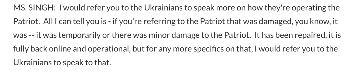 @sabrinasingh24 de la .@Pentagon are această actualizare despre sistemul american de apărare antirachetă Patriot din Ucraina, pe care Rusia pretinde că l-a distrus recent (cu o rachetă hipersonică Kindzhal): „A fost reparată, este complet din nou online și operațional.