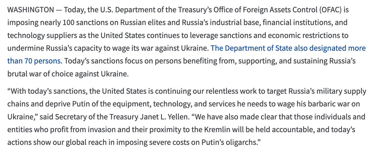@USTreasury Rusijos elitui, Rusijos pramonės bazei ir technologijų tiekėjams skyrė beveik 100 sankcijų. Tikslas yra „atimti iš Putino įrangą, technologijas ir paslaugas, kurių jam reikia barbariškam karui su Ukraina, kaip teigia @SecYellen.