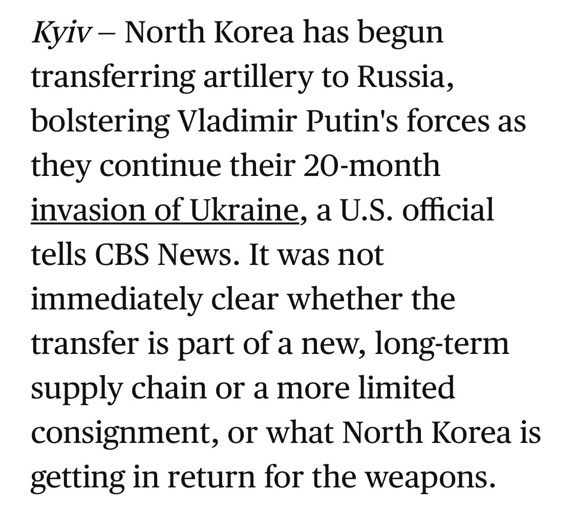 ჩრდილოეთ კორეამ დაიწყო არტილერიის გადატანა რუსეთში, აძლიერებს პუტინის ძალებს, რადგან ისინი აგრძელებენ უკრაინაში 20-თვიან შეჭრას, განუცხადა აშშ-ის ოფიციალურმა წარმომადგენელმა CBS News-ს.