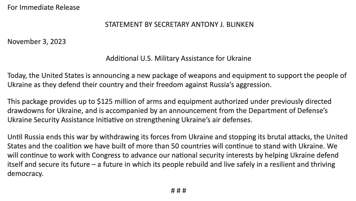 ASV oficiāli paziņo par jaunu 125 miljonu dolāru drošības palīdzības paketi Ukrainai. Ieroči un aprīkojums nāk no iepriekš atļautiem naudas izņemšanas gadījumiem