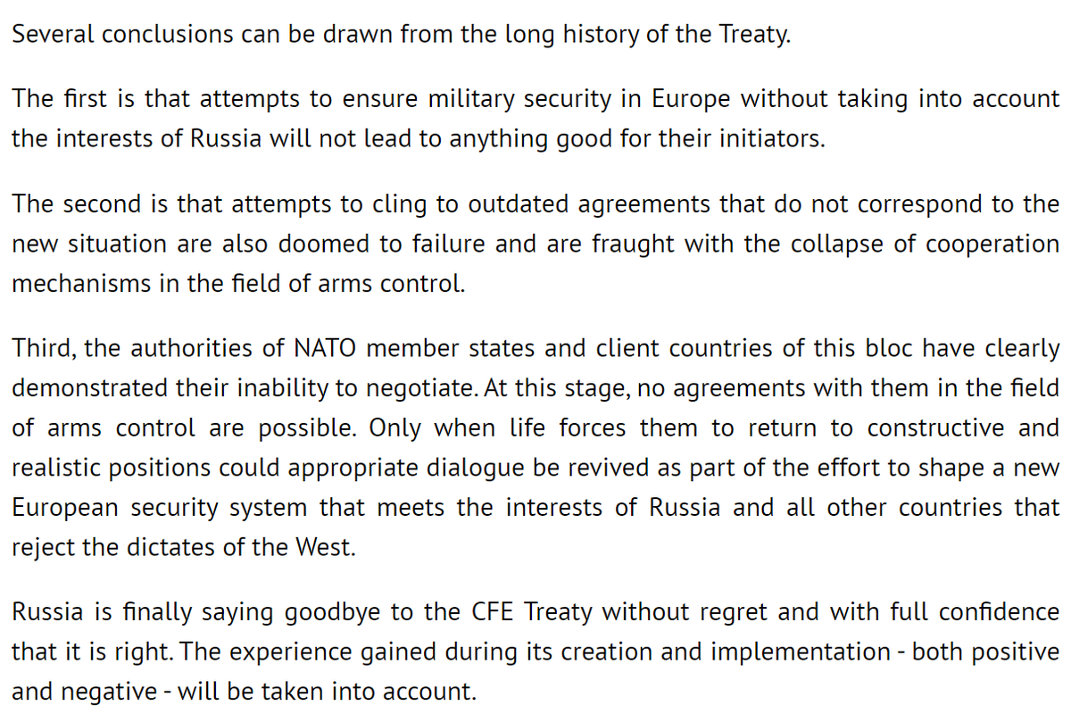 Els membres de l'OTAN tenen la intenció de suspendre l'operació del Tractat CFE durant el temps que sigui necessari, d'acord amb els seus drets en virtut del dret internacional. Aquesta és una decisió totalment recolzada per tots els aliats de l'OTAN.
