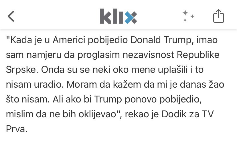 Following a recent string of similar provocations, Bosnian Serb secessionist Dodik says he was thwarted in declaring independence of BiH’s RS entity during first Trump admin by squeamishness of his advisors. Adds he would not delay to do so if Trump is re-elected
