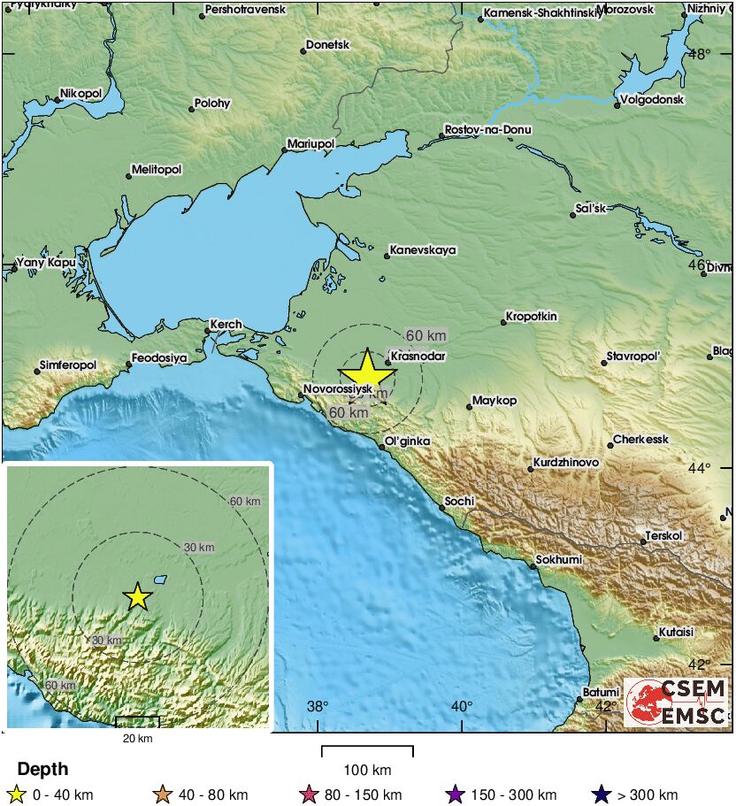 Earthquake confirmed by seismic data. Preliminary info: M4.0  29 km SW of Krasnodar (Russian Federation)  19 min ago (local time 14:19:28)