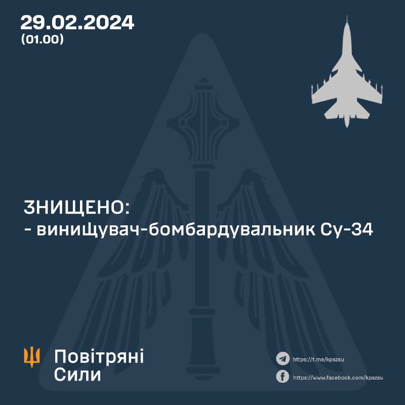 Ukrajinske zračne snage oborile su Su-34 u istočnom smjeru
