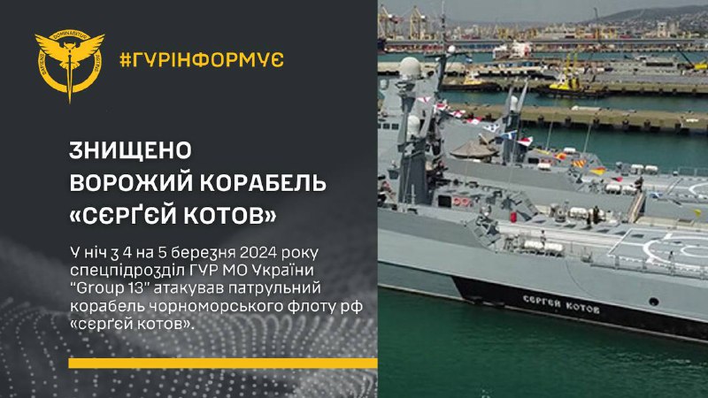 乌克兰军事情报机构称谢尔盖·科托夫巡逻艇沉没