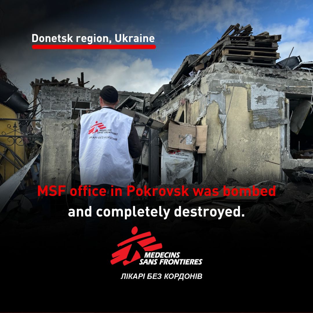 MSF Ukraine: šodien, 5. aprīlī, ap pulksten 3:00 mūsu @MSF birojs Pokrovskā, Doņeckas apgabalā, Ukrainā, tika bombardēts un pilnībā iznīcināts. Visi mūsu darbinieki ir drošībā. Pieci civiliedzīvotāji, kas atradās biroja tuvumā, tika ievainoti