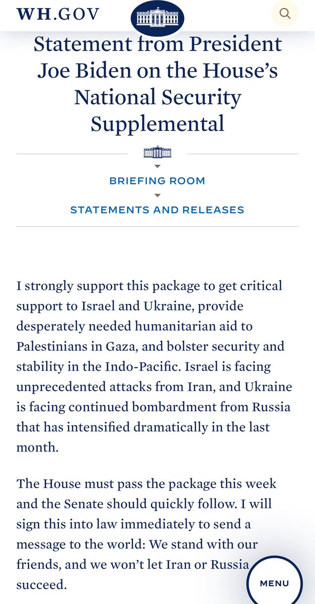 La Casa Blanca acaba de publicar una declaració que dóna suport totalment als projectes de llei d'ajuda per a Ucraïna, l'Indo-Pacífic i Israel. El president Biden està preparat per signar els projectes de llei tan bon punt passin al Congrés, que està previst per a aquest dissabte