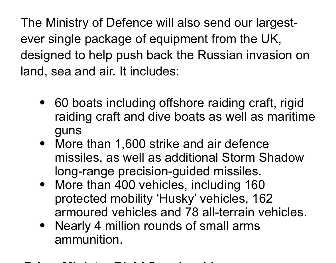 @RishiSunak 将在访问波兰时宣布向乌克兰提供史上最大规模军事援助计划：向乌克兰提供 5 亿英镑援助、400 辆汽车、1600 枚弹药、400 万发子弹