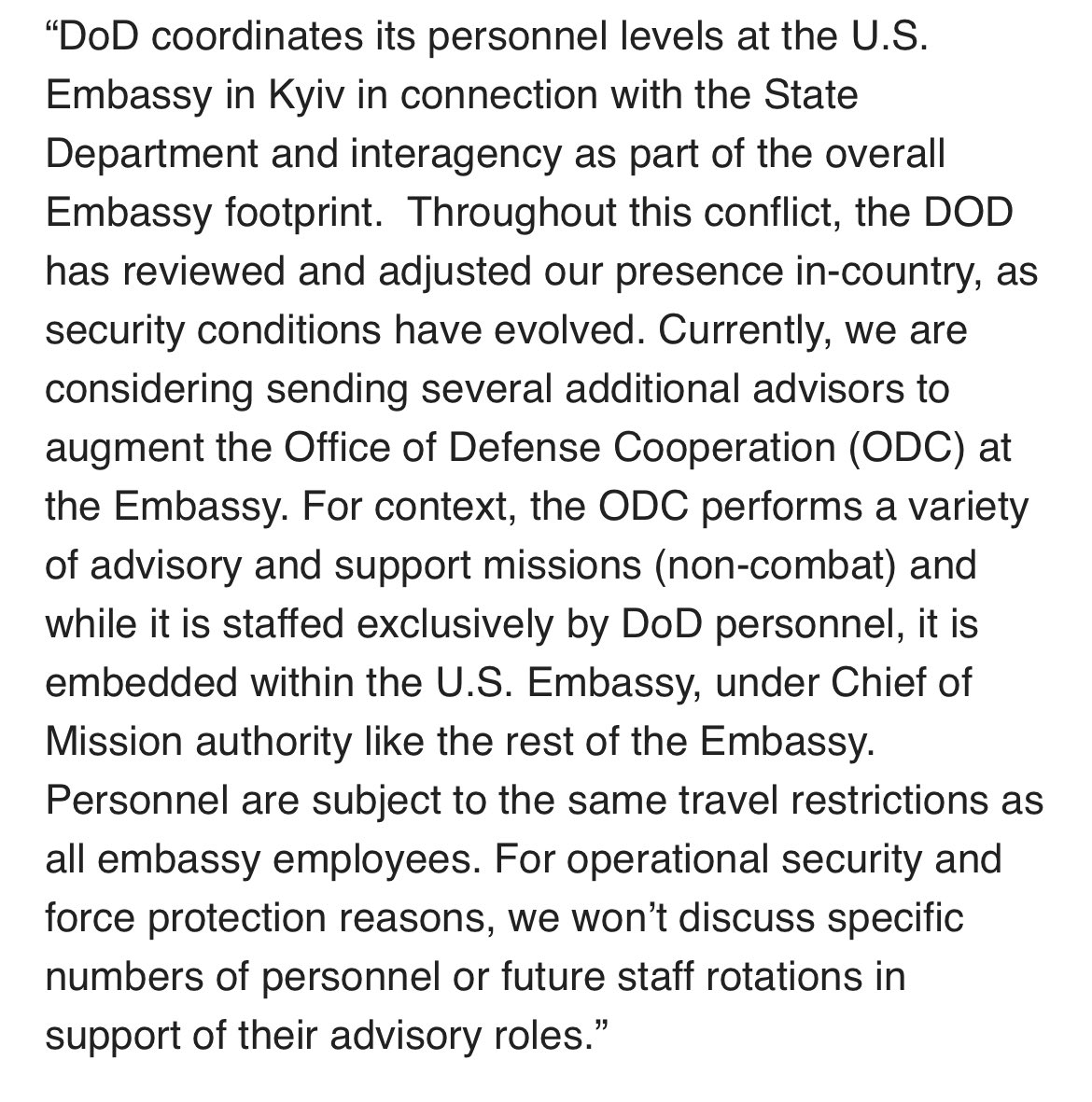 ایالات متحده ممکن است نیروهای بیشتری را به اوکراین بفرستد تا مشاور مستقر در سفارت باشند، نه درگیر جنگ. از @PentagonPresSec تا VOA- در حال حاضر، ما در حال بررسی ارسال چند مشاور اضافی برای تقویت دفتر Def. Coop در سفارت هستیم. مشاوره و پشتیبانی