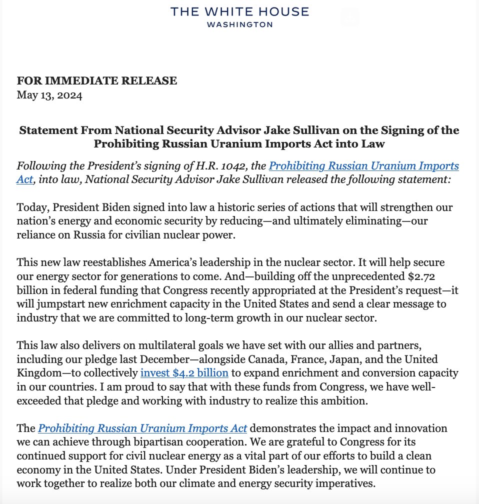 بیانیه کاخ سفید درباره امضای قانون ممنوعیت واردات اورانیوم روسیه به قانون