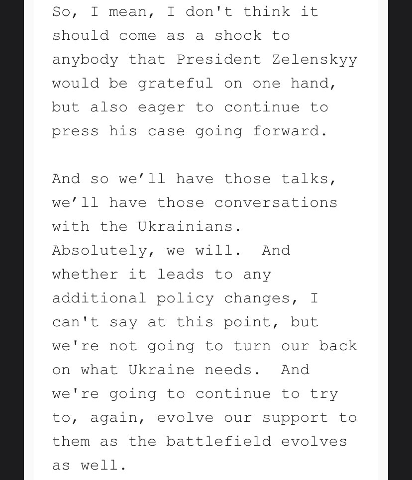 جان کربی، معاون شورای امنیت ملی، امروز به خبرنگاران گفت، مدیر بایدن درباره اجازه دادن به کیف برای حمله به بخش‌های بیشتری از روسیه با تسلیحات ارائه‌شده توسط آمریکا با اوکراین مذاکره خواهد کرد.