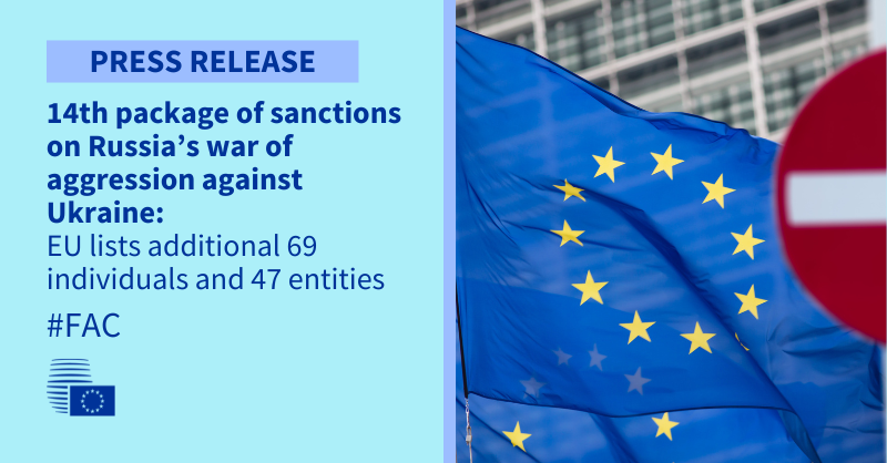 14. sankciju pakete par Krievijas agresijas karu pret Ukrainu: @EUCouncil melnajā sarakstā iekļauj papildu 69 personas un 47 vienības