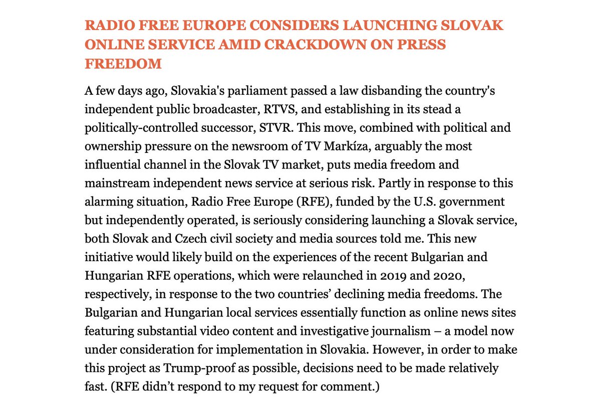Due to the deteriorating media freedom situation, Radio Free Europe (@RFERL) is considering to set up a new Slovak service, similar to the ones relaunched in Bulgaria and Hungary years ago