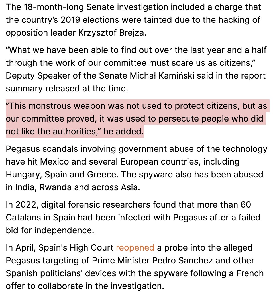 Parliament of Poland voted to strip immunity of official involved in purchasing Pegasus. Charges include diverting funds intended for *victims of crime, crime prevention & rehab* to pay for the  mercenary spyware