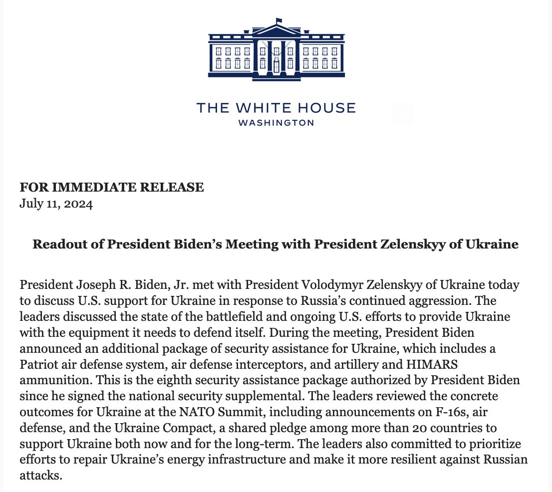 Vita huset om mötet Biden-Zelenskyy: De granskade de konkreta resultaten för Ukraina vid NATO-toppmötet, inklusive tillkännagivanden om F-16, luftförsvar och Ukraine Compact, ett delat löfte mellan mer än 20 länder att stödja Ukraina både nu och för på lång sikt