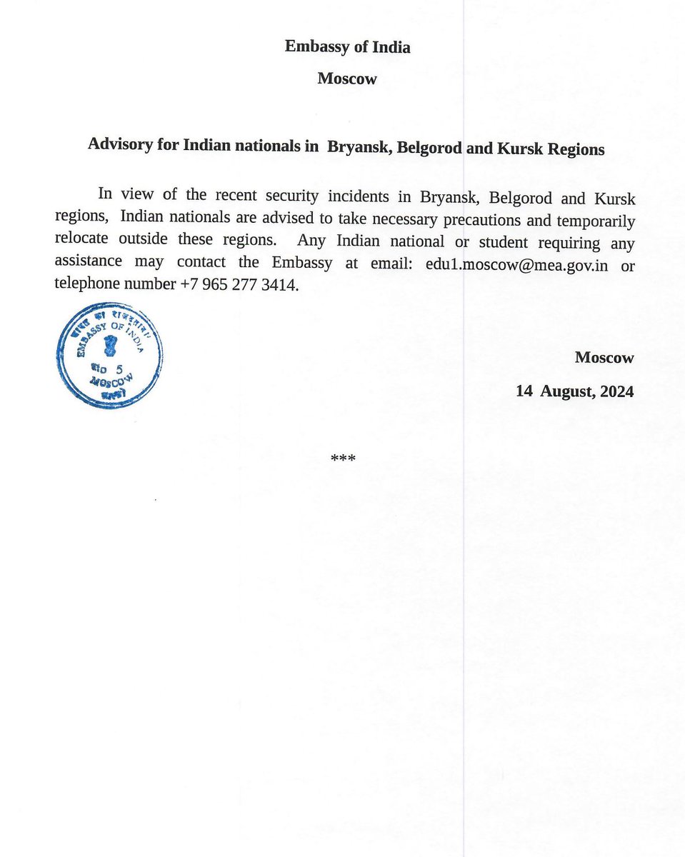 L'ambasciata indiana in Russia emette un avviso per i cittadini indiani nelle regioni di Bryansk, Belgorod e Kursk