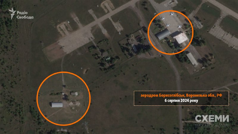 Pagubele la aerodromul Borisoglebsk confirmate de imagini din satelit de Planet Labs, obținute de @Sxemu, Proiectul Radio Free Europe/Radio Liberty