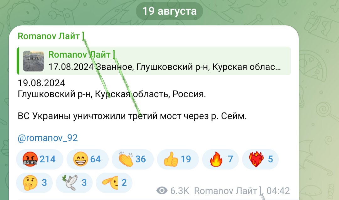 Последният мост над река Сейм, в село Кариж, беше разрушен, - руски блогър