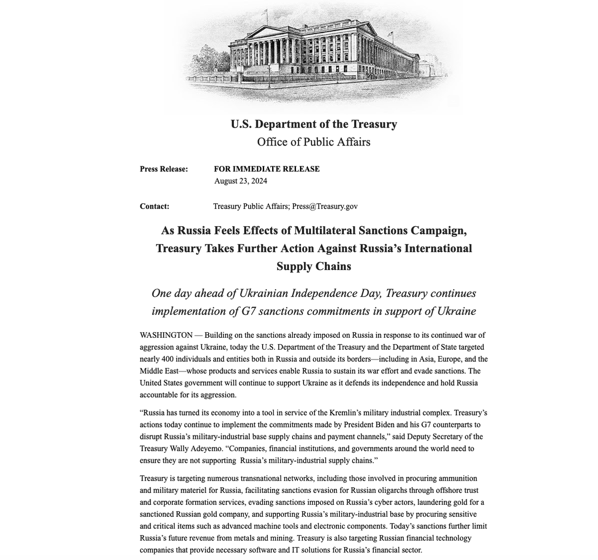 Einen Tag vor dem ukrainischen Unabhängigkeitstag erklärt @USTreasury: „Wir setzen die Umsetzung der Sanktionsverpflichtungen der G7 zur Unterstützung der Ukraine fort.