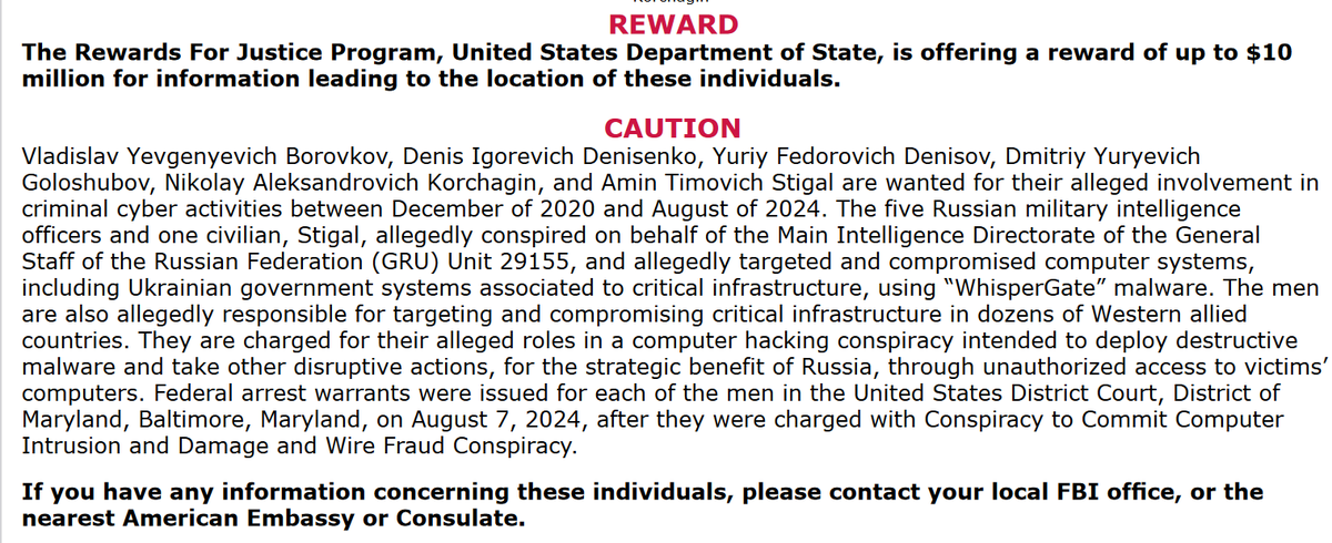 @FBI оголошує винагороду в розмірі 10 мільйонів доларів США за інформацію, яка призведе до арешту хакерів підрозділу 29155 ГРУ, які атакували українську урядову інфраструктуру на початку вторгнення