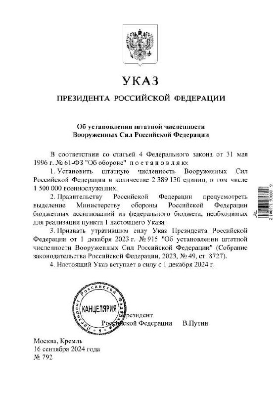 Putin zvýšil stav personálu ruských ozbrojených sil na 2 miliony 389 tisíc lidí, včetně 1,5 milionu vojáků