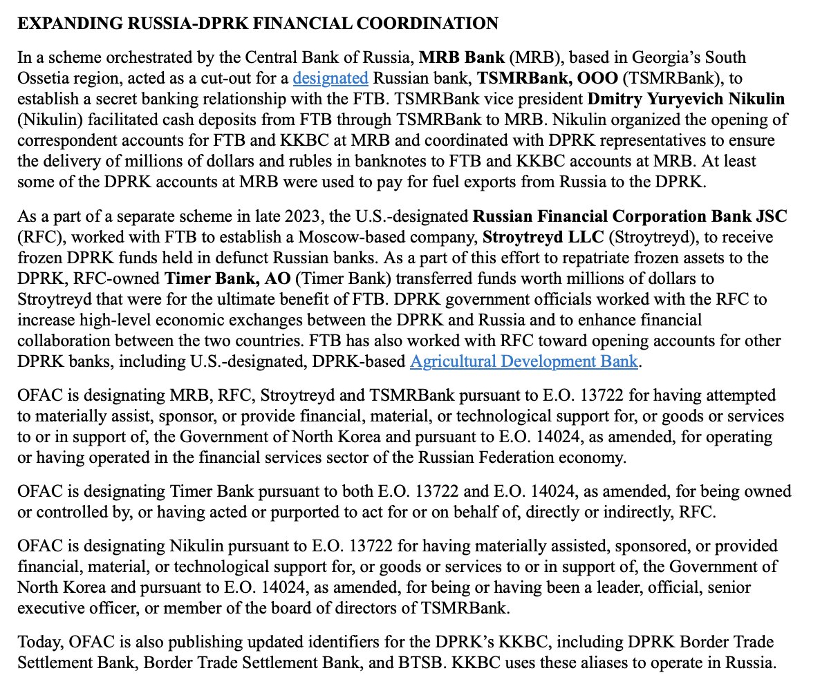 SUA caută rețeaua care sprijină transferul de arme al Coreei de Nord către Rusia. @USTreasury a sancționat 4 bănci, 1 companie de plată și 1 funcționar bancar, toate situate în Osetia de Sud ocupată de Rusia, Georgia