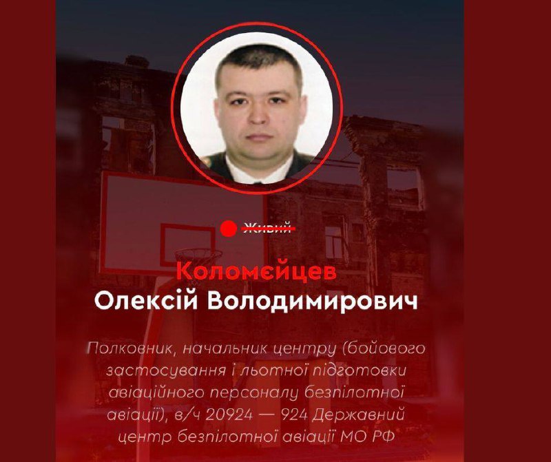 Ukrainian Military intelligence claims assassination of the commander of military unmanned aviation center colonel Kolomeitsev Aleksey in Kolomna town of Moscow region