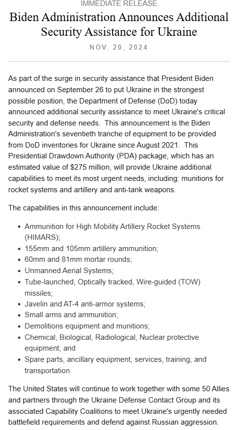 US sending Ukraine $275 million in security assistance - part of the surge President Joe Biden announced back in September. Highlights include HIMARS ammo, TOW missiles, Javelins, artillery and mortar rounds