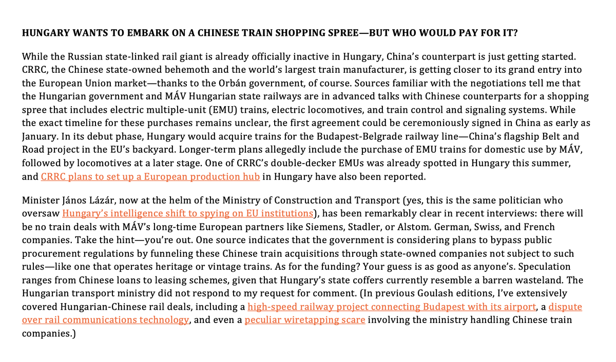 Die ungarische Regierung befindet sich in fortgeschrittenen Gesprächen mit dem chinesischen Eisenbahngiganten CRRC über den Kauf von Zügen, Lokomotiven und Signalsystemen im großen Stil, während sie gleichzeitig die Zusammenarbeit mit europäischen Firmen wie Siemens, Stadler und Alstom beendet.