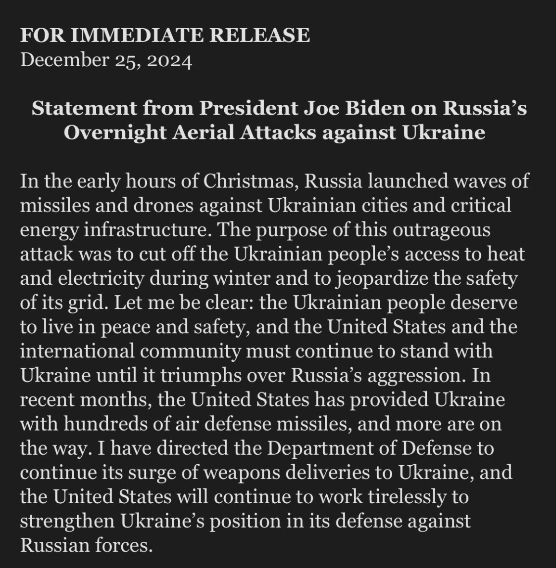 President Biden on Russia's overnight attack against Ukraine: I have directed the Department of Defense to continue its surge of weapons deliveries to Ukraine. A full statement