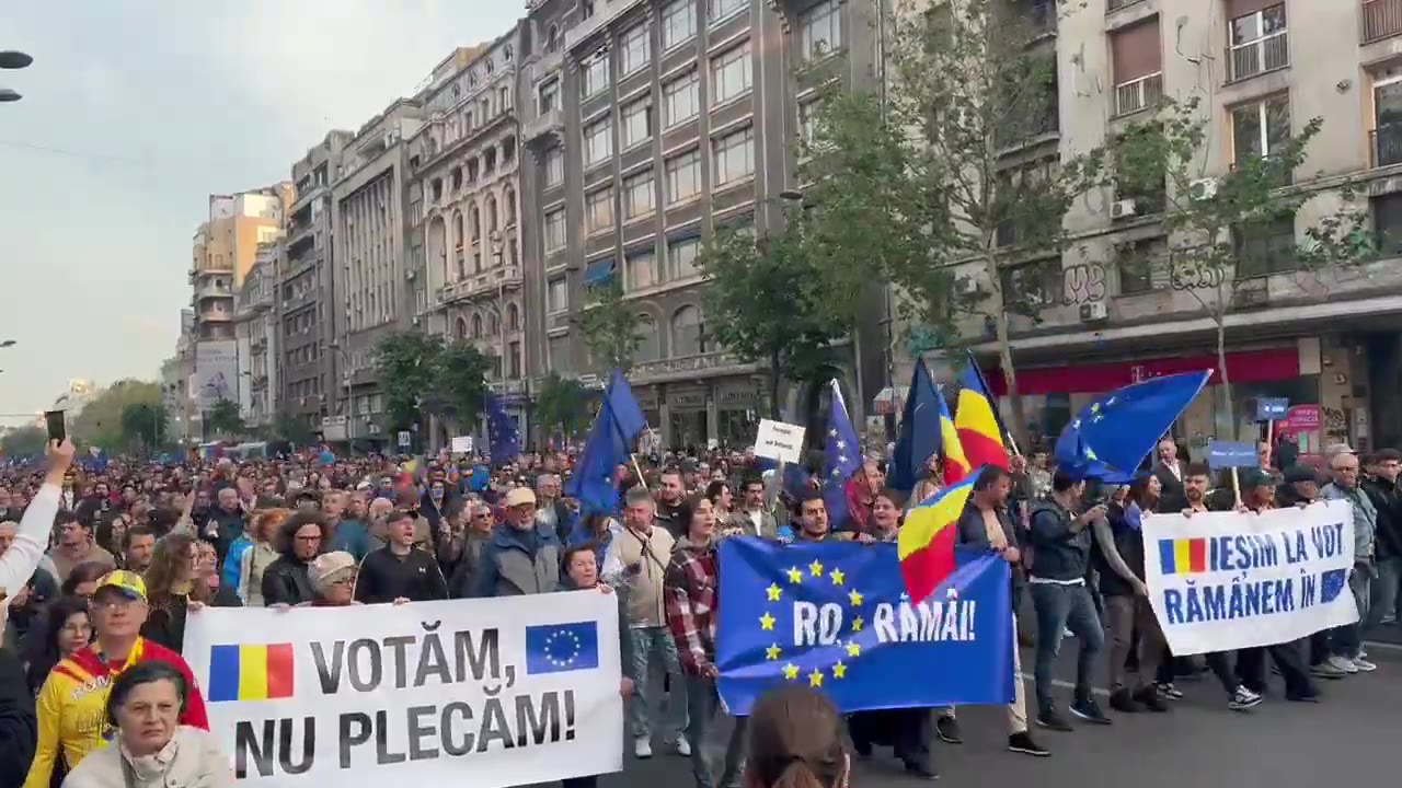 Tens of thousands of Romanians (with the number is rapidly growing) have taken to the streets of Bucharest right now. People are chanting Europe, we belong. and, as heard in the video, a chant that roughly translates to Russia, Romania will never be yours.