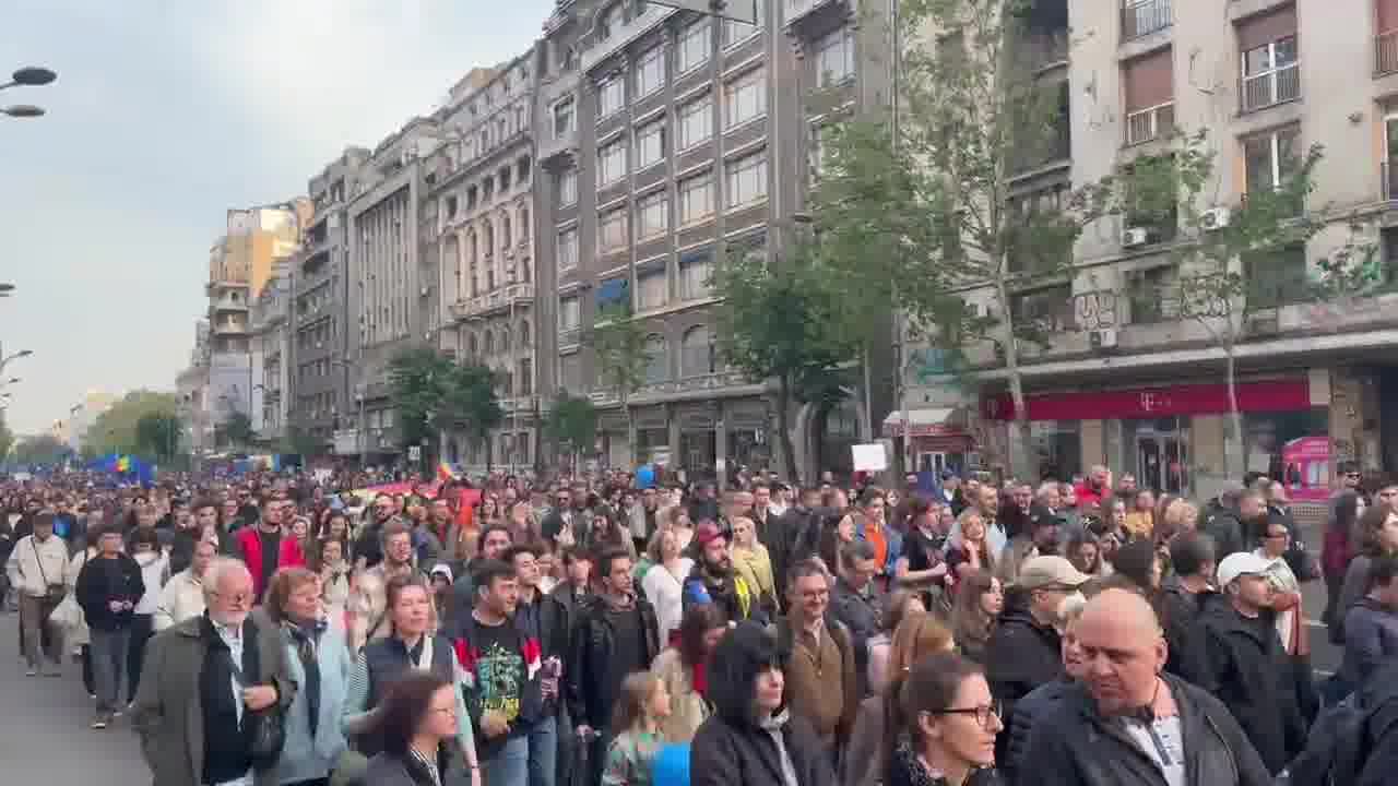 Tens of thousands of Romanians (with the number is rapidly growing) have taken to the streets of Bucharest right now. People are chanting Europe, we belong. and, as heard in the video, a chant that roughly translates to Russia, Romania will never be yours.