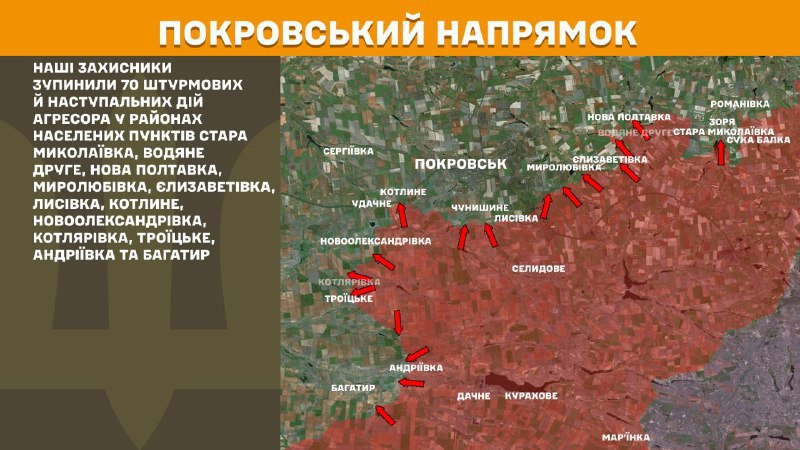 At Pokrovsk axis clashes yesterday near Stara Mykolayivka, Vodyane Druhe, Nova Poltavka, Myrolubivka, Yelyzavetivka, Lysivka, Kotlyne, Novooleksandrivka, Kotlyarivka, Troyitske, Andriyivka and Bahatyr, - General Staff of Armed Forces of Ukraine reports