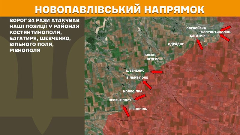 At Novopavlivka axis clashes yesterday near Kostyantynopil, Bahatyr, Shevchenko, Vilne Pole, Rivnopil, - General Staff of Armed Forces of Ukraine reports