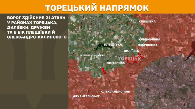 At Toretsk axis clashes yesterday near Toretsk, Dyliyivka, Druzhba and towards Pleschiyivka and Oleksandro-Kalynove, - General Staff of Armed Forces of Ukraine reports