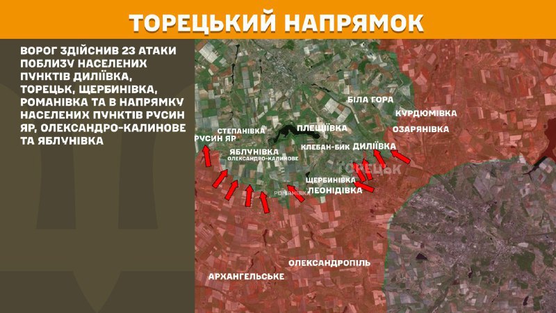 At Toretsk axis clashes yesterday near Dyliyivka, Toretsk, Scherbynivka, Romanivka and towards Rusyn Yar, Oleksandro-Kalynove and Yablunivka, - General Staff of Armed Forces of Ukraine reports