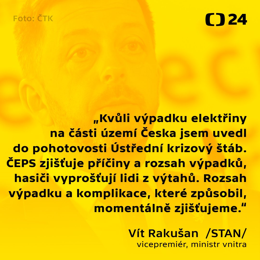 Due to today's power outage, Interior Minister Vít Rakušan has put the Central Crisis Staff on alert. According to him, the ministry is currently investigating the extent of the outage and the complications it caused.