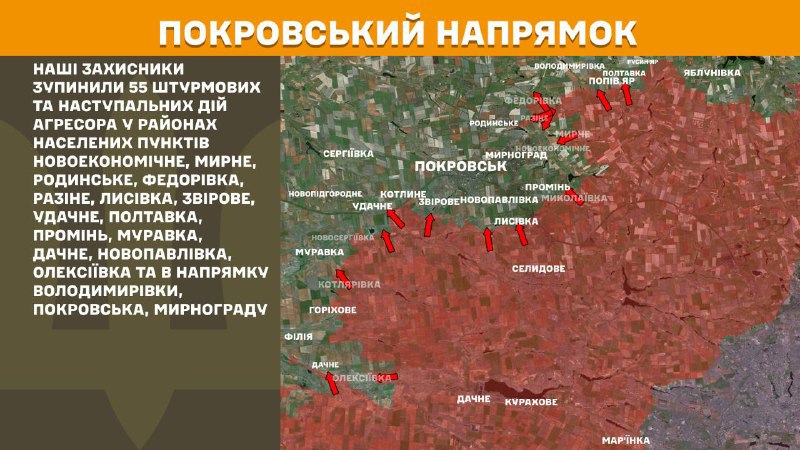 At Pokrovsk direction clashes yesterday near Novoekonomichne, Myrne, Rodynske, Fedorivka, Razine, Lysivka, Zvirove, Udachne, Poltavka, Promin, Muravka, Dachne, Novopavlivka, Oleksiyivka and towards Volodymyrivka, Pokrovsk, Myrnohrad, - General Staff of Armed Forces of Ukraine reports