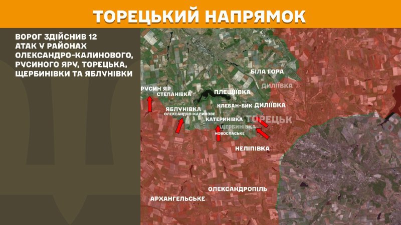 At Toretsk direction clashes yesterday near Oleksandro-Kalynove, Rusyn Yar, Toretsk, Scherbynivka and Yablunivka, - General Staff of Armed Forces of Ukraine reports