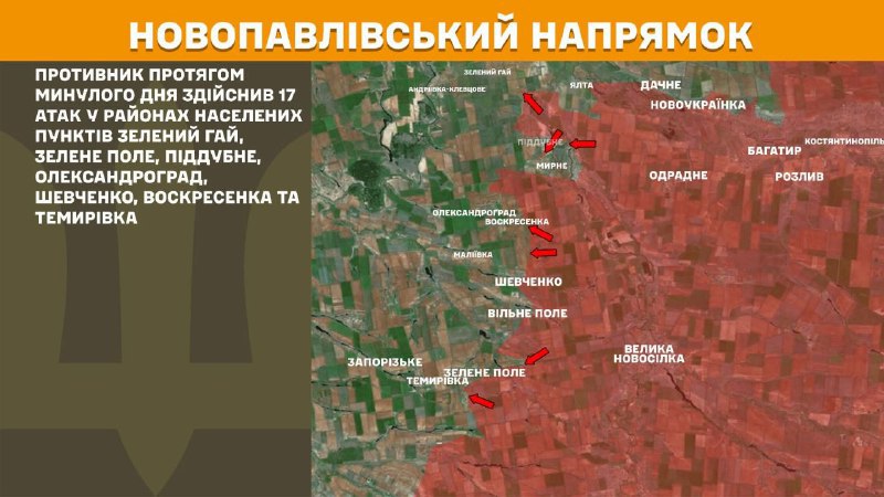 At Novopavlivka direction clashes yesterday near Zelenyy Hay, Zelene Pole, Piddubne, Oleksandrohrad, Shevchenko, Voskresenka and Temyrivka, - General Staff of Armed Forces of Ukraine reports