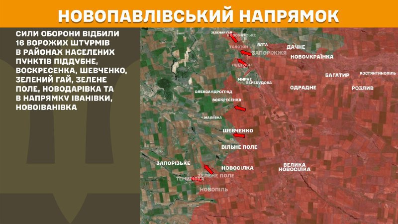 At Novopavlivka direction clashes yesterday near Piddubne, Voskresenka, Shevchenko, Zelenyy Hay, Zelene Pole, Novodarivka and towards Ivanivka, Novoivanivka, - General Staff of Armed Forces of Ukraine reports