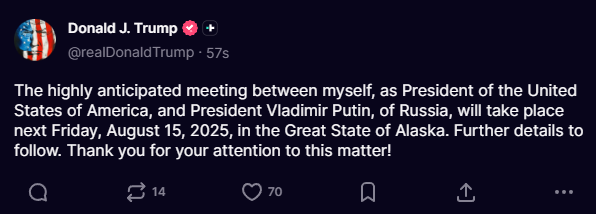 Trump and Putin to meet in Alaska on Friday, August 15th