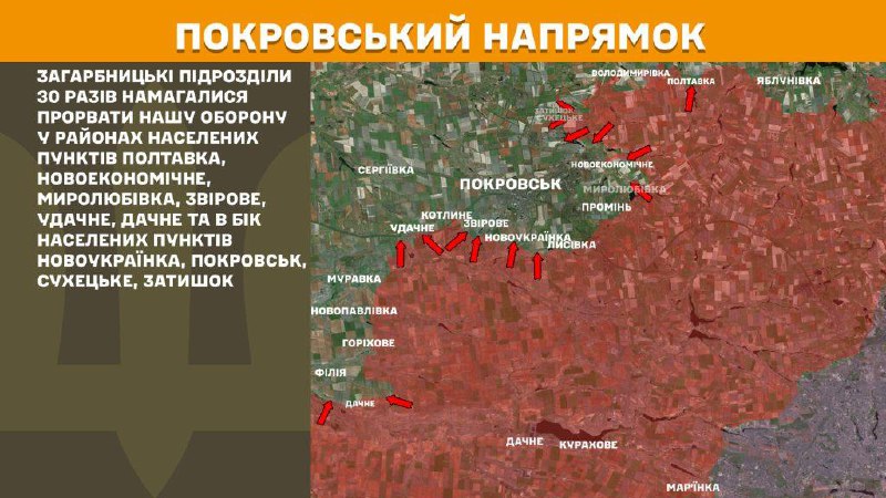 At Pokrovsk direction clashes yesterday near Poltavka, Novoekonomichne, Myrolubivka, Rodynske, Lysivka, Sukhyy Yar, Zvirove, Udachne, Dachne, Zatyshok and towards towns Novoukrayinka, Pokrovsk, Sukhetske, - General Staff of Armed Forces of Ukraine reports